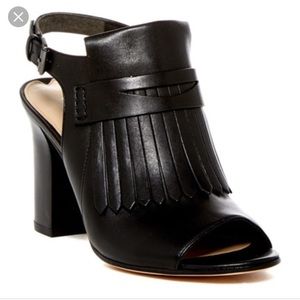 Via Spiga Black Leather Open Toe Fringe Booties